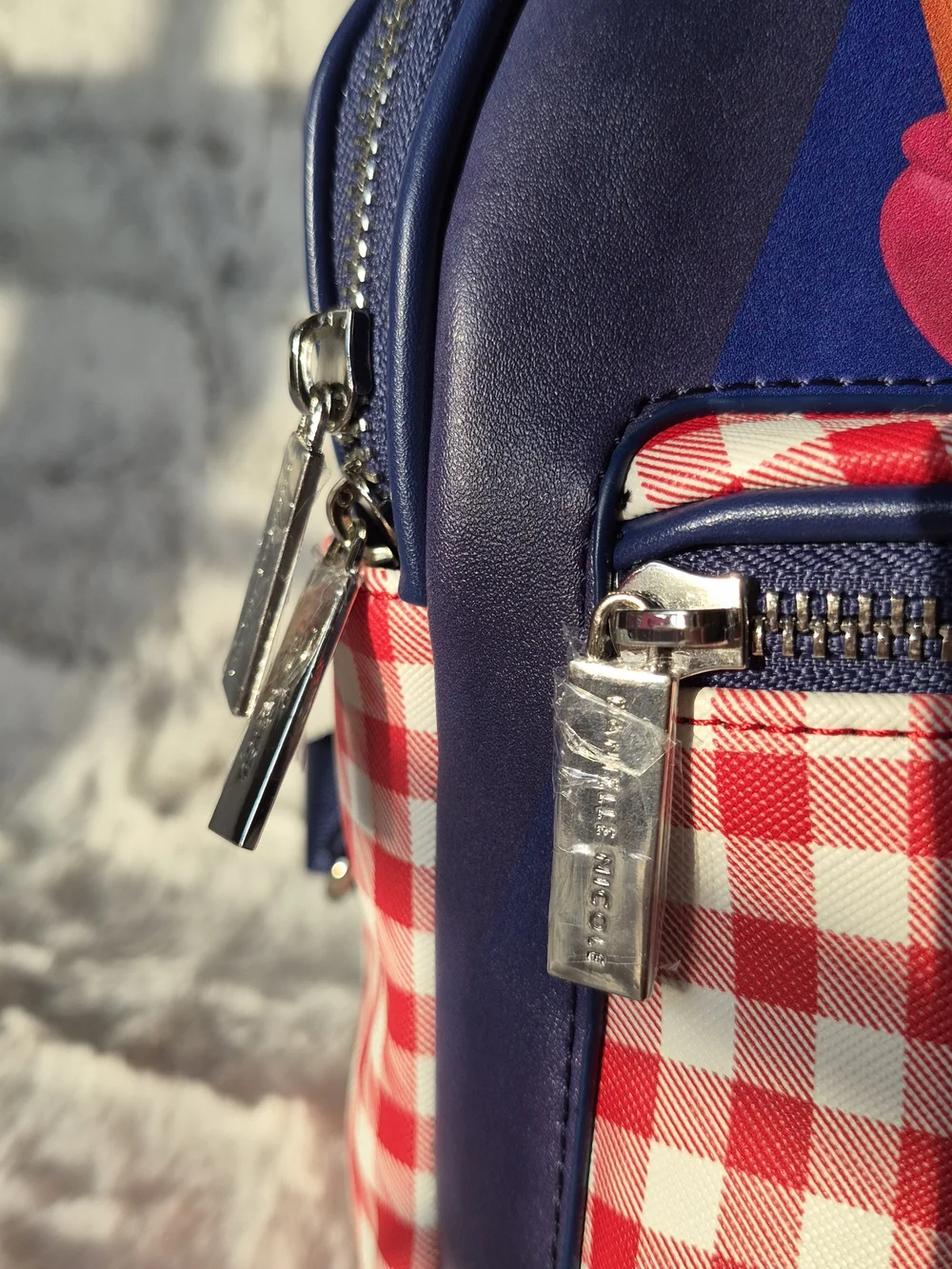 Danielle Nicole Navy Blue Backpack with Red Gingham Pocket